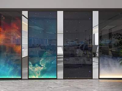 Modern Office Interior With Glass Partition Featuring Starry Sky Pattern Design 3d model