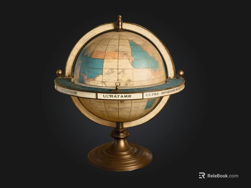 Antique Globe With Brass Stand Equator Ring And Detailed World Map 3d model 