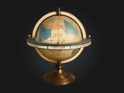 Antique Globe With Brass Stand Equator Ring And Detailed World Map 3d model