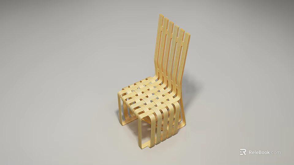 Modern Wooden Single Chair with Woven Seat and Vertical Slats Back Design 3d model 