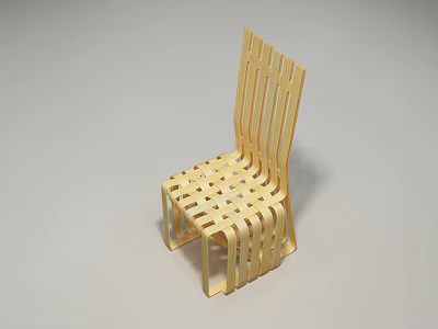 Modern Wooden Single Chair with Woven Seat and Vertical Slats Back Design 3d model