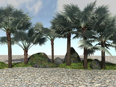 Tall Green Palm Trees With Cobblestone Ground Rocks Blue Sky And White Clouds 3d model