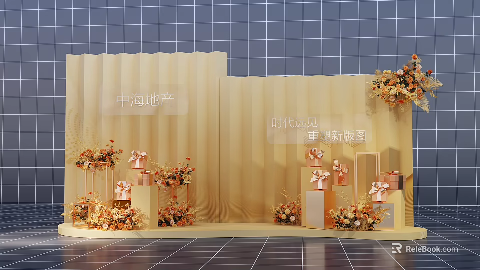 Elegant Floral Display With Yellow Fabric Backdrop And Gift Boxes With Bows 3d model