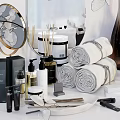 Elegant Bathroom Accessories with Soft Towels Aromatic Candles Decorative Mirrors Lotion Bottles and Decorative Branches