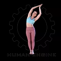 Woman Stretching Arms In Blue Sports Top Pink Leggings With Gear Pattern Human Engine