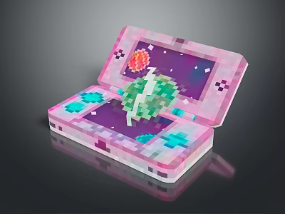 Pink Purple Portable Computer With Open Pixel Art Screen Green Character Red Ball Blue Buttons 3d model