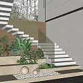 Modern Indoor Staircase With Glass Handrail Wooden Steps And Green Plants