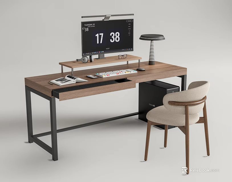 Modern Wooden Desk with Black Metal Legs Monitor Lamp Keyboard Mouse Notebook and Chair 3d model 