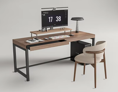 Modern Wooden Desk with Black Metal Legs Monitor Lamp Keyboard Mouse Notebook and Chair 3d model
