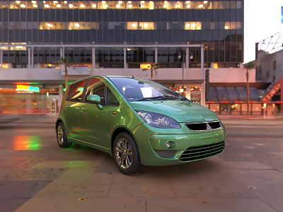 Green Mitsubishi Compact Car Parked On Urban Street With Tall Buildings And Neon Lights 3d model