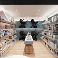 Modern Specialty Store Interior Featuring Pink Shelves Various Products Wooden Walls Large Windows and Plants