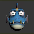 Cartoon Blue Fish With Glowing Lure Big Eyes Red Fin Sharp Teeth And Pink Fins