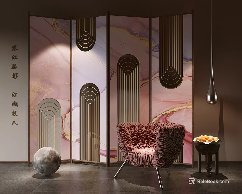 Art Deco Folding Screen With Pink Marble And Metal Details 3d model 