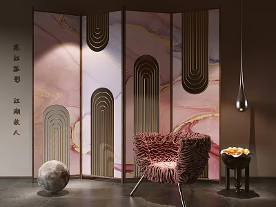 Art Deco Folding Screen With Pink Marble And Metal Details 3d model