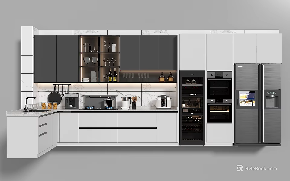 Modern Spacious Kitchen With High Quality Integrated Appliances Cabinets And Marble Countertop 3d model 