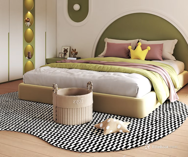 Playful Kids Bedroom Interior With Green Headboard Pink Pillows Crown Decor Toys And Striped Rug 3d model 