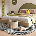 Playful Kids Bedroom Interior With Green Headboard Pink Pillows Crown Decor Toys And Striped Rug
