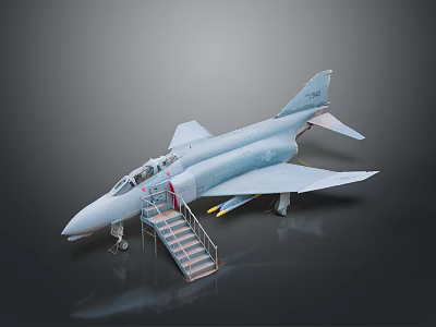 Gray Airplane Scale Model with Ladder and Detailed Display Stand Design 3d model