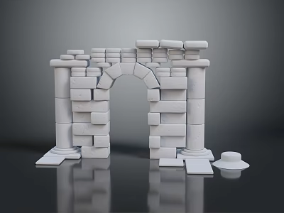 Elegant Scenic Landscape Of White Stone Archway With Columns And Reflection Against Gray Background 3d model