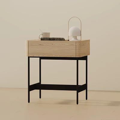 Modern Wooden Side Table With Black Metal Frame White Cup Woven Basket And Lamp 3d model