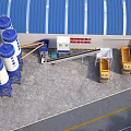 Industrial Factory Building with Blue Roof Cement Silos Mixing Equipment and Yellow Trucks