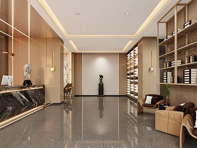 Modern Hotel Lobby With Reception Counter Marble Floor Ceiling Lights Leather Chairs And Wooden Bookshelves 3d model