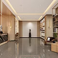 Modern Hotel Lobby With Reception Counter Marble Floor Ceiling Lights Leather Chairs And Wooden Bookshelves