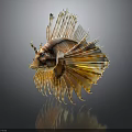 Vibrant Striped Lionfish With Fan Like Fins On Dark Background And Reflection