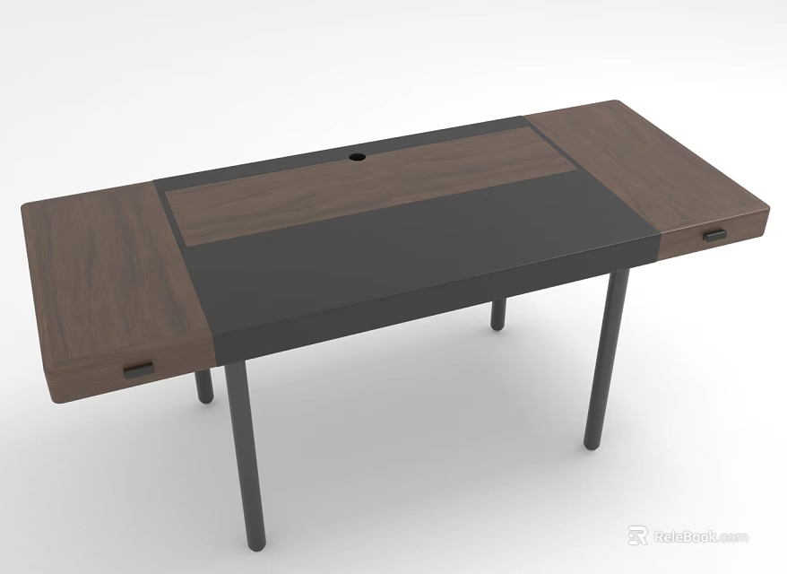 Modern Wooden Desk With Black Tabletop Metal Legs And Side Drawers 3d model 