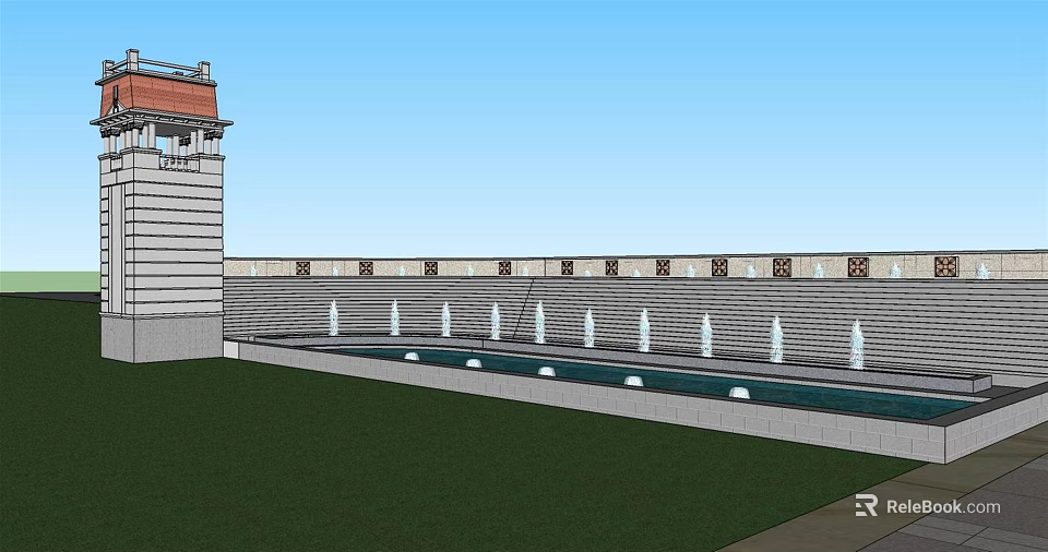 Modern Roadside Facilities With Stone Wall Fountains Water Pool And Green Grass Area 3d model 