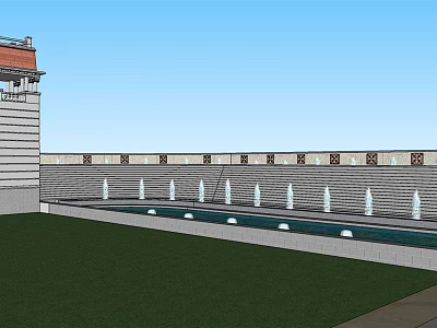 Modern Roadside Facilities With Stone Wall Fountains Water Pool And Green Grass Area 3d model