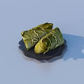 Traditional Chinese Glutinous Rice Dumplings Wrapped in Green Bamboo Leaves On Black Decorative Plate