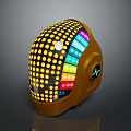 Futuristic Weapon with Orange Body Featuring Yellow Dots Colorful Stripes and Green Logo Design