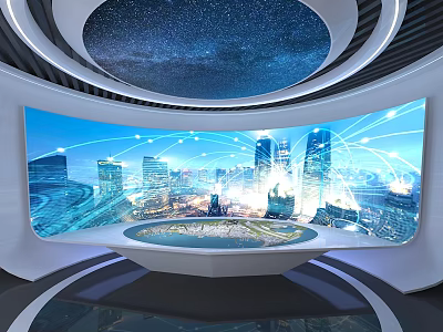 Starry Sky Ceiling Curved Screen Showing Cityscape Network Connections And Display Platform 3d model