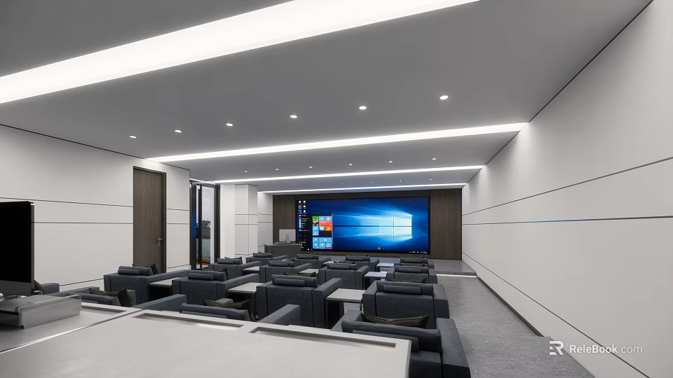 Modern Laboratory With Neatly Arranged Tables Seats Large Screen And Well Lit Interior 3d model 