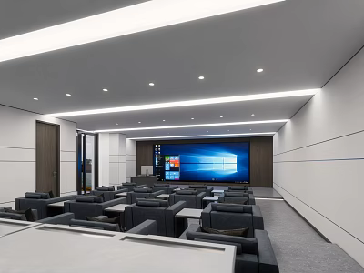 Modern Laboratory With Neatly Arranged Tables Seats Large Screen And Well Lit Interior 3d model