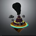 Volcanic Terrain With Erupting Black Smoke Lava Flow And Floating Rocks