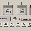 Coffee Shop Public Facility With Breakfast Station Signage Open Sign And Food Drink Icons