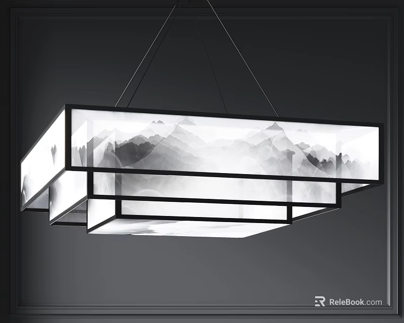 Modern Decorative Rectangular Chandelier With Black White Mountain Landscape Design 3d model
