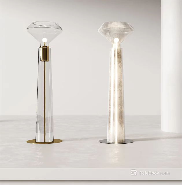 Two Modern Floor Lamps With Sleek Metal And Glass Tall Cylindrical Design And Round Base 3d model 