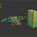 Futuristic Dinosaur Game Character With Glowing Green Purple Feathers And Stacked Green Cubes