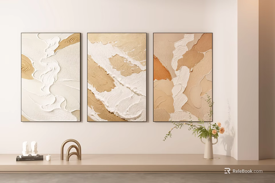 Three Abstract Textured Wall Art Paintings In Beige Gold Tones With Shelf Decor 3d model 
