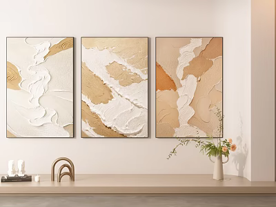 Three Abstract Textured Wall Art Paintings In Beige Gold Tones With Shelf Decor 3d model