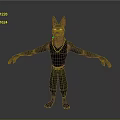 3D Dog Model with Black Body Erect Ears Arms Outstretched Wearing Black Vest Green Pants