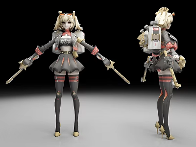 Anime Female Character With Twin Tails Mechanical Armor Weapons Short Skirt Long Socks High Heels 3d model