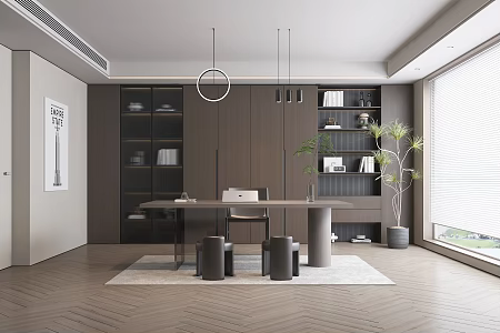 Modern Style Study Desk Chair Bookcase Carpet Chandelier Hanging Picture Ornaments 3d model