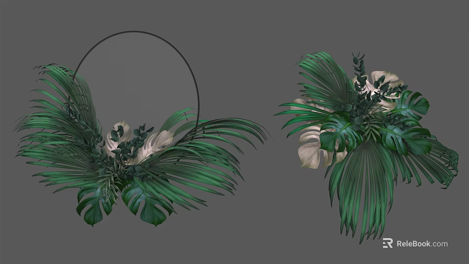 Tropical Vase Floral Arrangement With Green White Monstera Leaves Black Circular Frame Ferns 3d model 