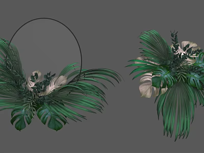 Tropical Vase Floral Arrangement With Green White Monstera Leaves Black Circular Frame Ferns 3d model
