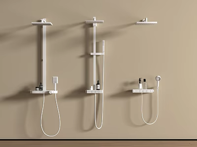 Three Modern White Wall Mounted Shower Systems In Bathroom Interior Design 3d model