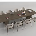Modern Long Wooden Conference Table With Chairs Laptop Books And Office Supplies